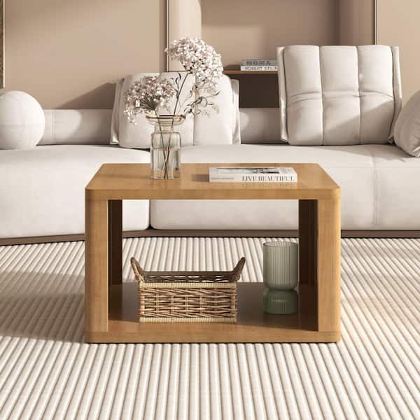 30.8 in. Natural Square Acacia Wood Farmhouse Coffee Table, Minimalist Living Room Center Table w/ 2-Tier Storage