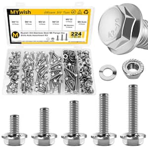 224-Pcs Assorted M6 x 12/16/20/25/30mm, M6 x 1. 0 Bolt, Flanged Hex Head Bolts w/ Washers, 304 Stainless Steel in Silver