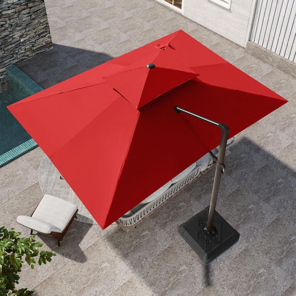 Pellebant Heavy-Duty 12.5 ft. x 10 ft. Aluminum Outdoor 360° Swivel Double Top Offset Cantilever Patio Umbrella in Red with Base