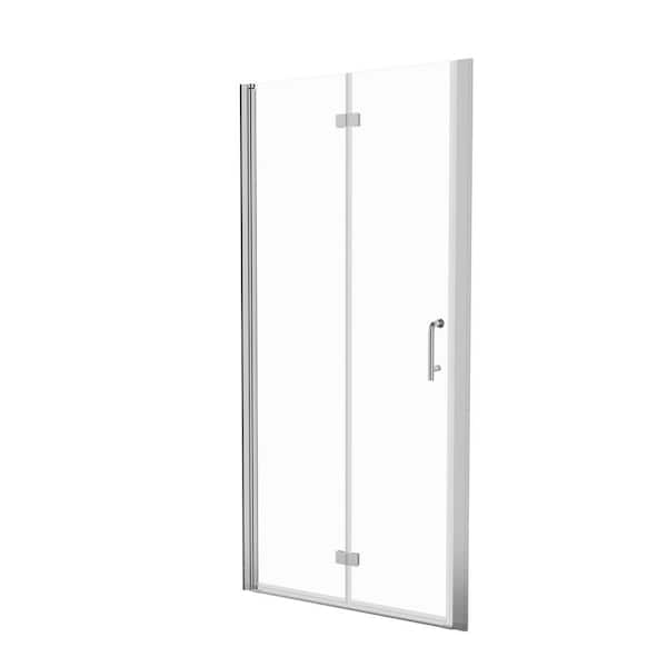 34 in. W x 72 in. H Bifold Semi-Frameless Shower Door in Silver Finish with Clear Glass