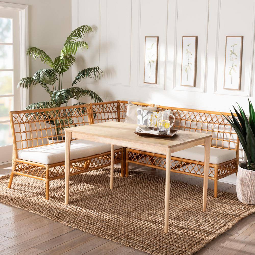 Adora Honey Rattan and Rubberwood 4-Piece Dining Nook Set