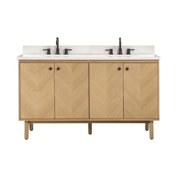 Adele 61 in. Double Sink Natural Oak Bath Vanity with Calacatta White Quartz Top