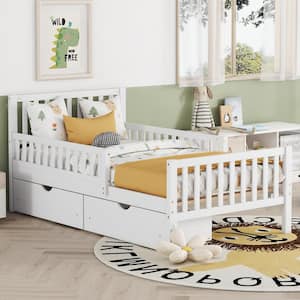 White Wood Frame Twin Size Platform Bed with Guardrails on Both Sides and 2-Storage Drawers
