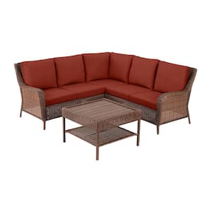 Cambridge 4-Piece Brown Wicker Outdoor Patio Sectional Sofa and Table with Sunbrella Henna Red Cushions