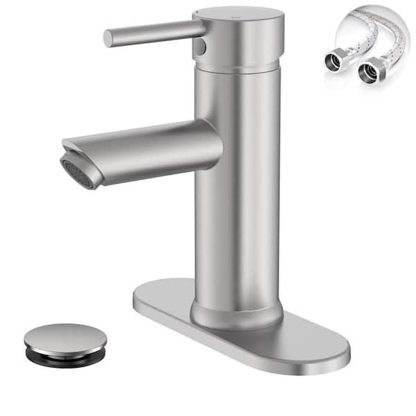 Simple Single-Handle Single-Hole Bathroom Brass Sink Faucet with Pop-Up Drain Assembly Kit Included in Brushed Nickel