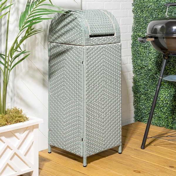 Ellison 31.39 Gal. All-Weather Wicker/Metal Swing Top Lid Hideaway Outdoor Trash Can, Mint Blue/White