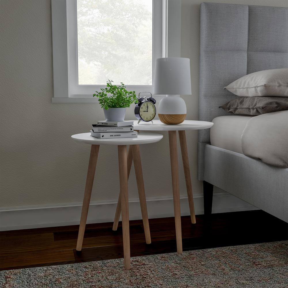 White and Natural Wood Mid-Century Modern Nesting End Tables Set