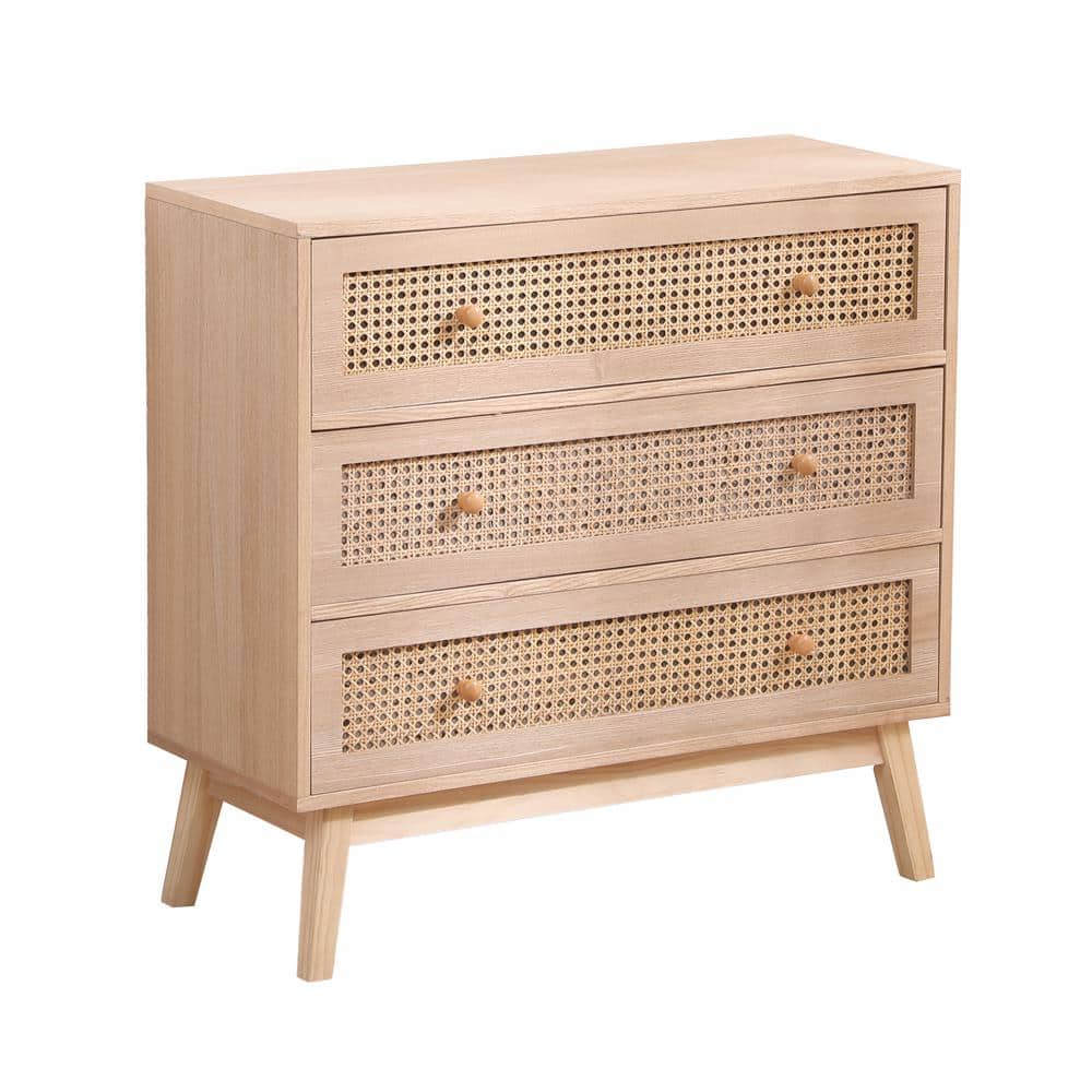 Beige Rattan Linen 32 in. W x 13 in. D x 31 in. H Beige Linen Cabinet,31.5 Inch 3-Drawers ...