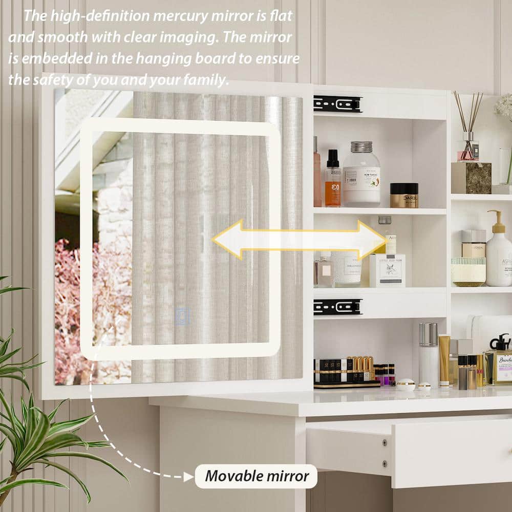5-Drawers White Wood LED Push-Pull Mirror Makeup Vanity Sets Dressing Table Sets with Stool and 3-Tier Storage Shelves - thumbnail 7