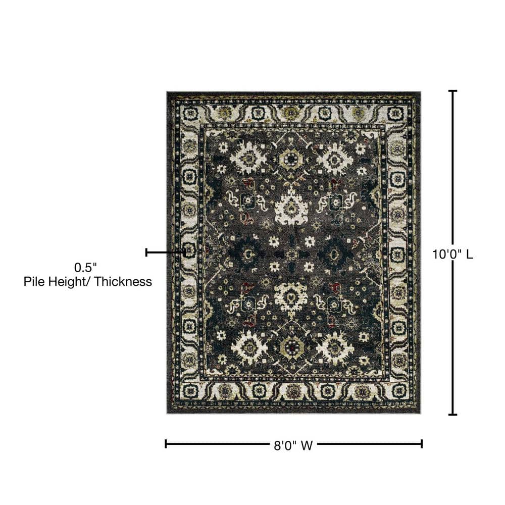 Elysian Dark Grey & Ivory Floral Synthetic 8' x 10' Area Rug