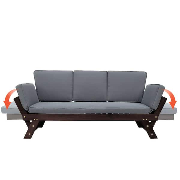 Polibi Brown Wood Outdoor Chaise Lounge with Gray Cushion and Adjustable Arms