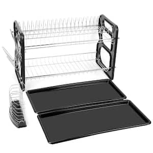 2 Tier Black Countertop Dish Rack, Anti-Rust Dish Drying Drainer Shelf with Tableware Holder Cup Holder, Drainboard Set