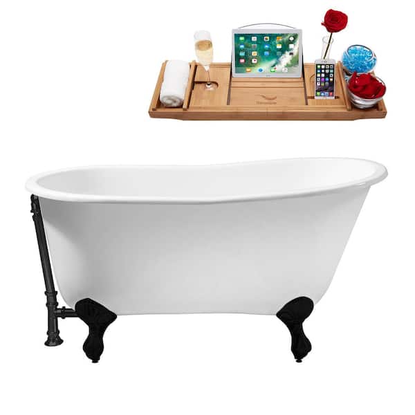Streamline 53 in. x 28 in. Cast Iron Clawfoot Soaking Bathtub in Glossy White with Matte Black Clawfeet and Matte Black Drain