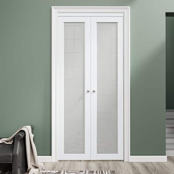 36 in. x 80 in. 1-Lite Frosted Glass Solid Core White Finished MDF Pantry Pivot Bi-fold Door with Pivot Hardware