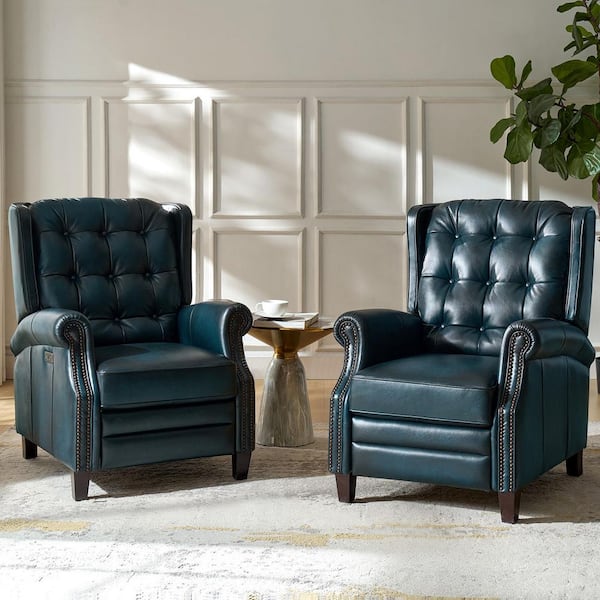 JAYDEN CREATION Carlos Navy 29.25''W Genuine Leather Power Recliner with Solid Wood Legs Set of 2