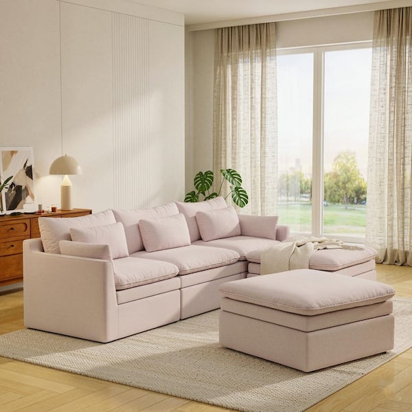 118 in. Track Arm 5-Piece Polyester Velvet Modular Sectional Sofa U-Shape Couch in Khaki with Ottomans, Machine Washsble