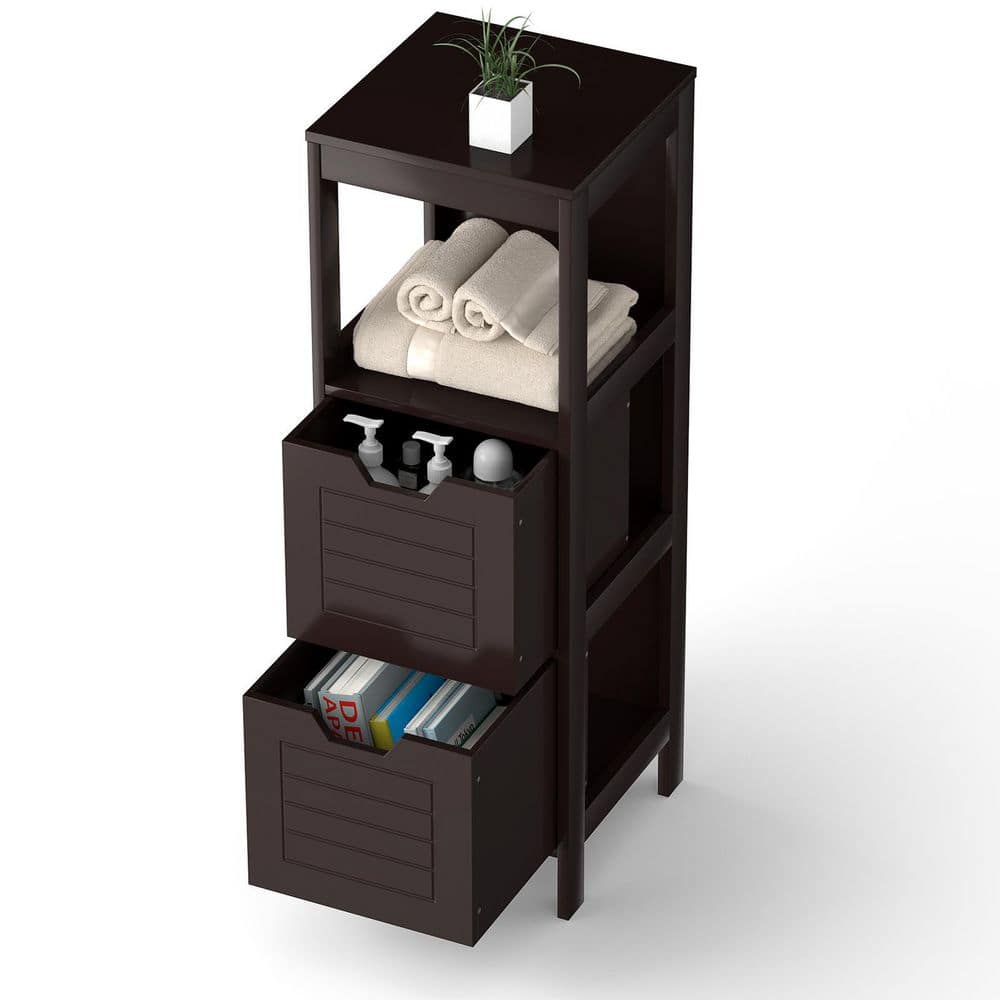 ANGELES HOME 12 in. W x 12 in. D x 35 in. H Brown Bathroom Wooden Floor Linen Cabinet with 2 ...