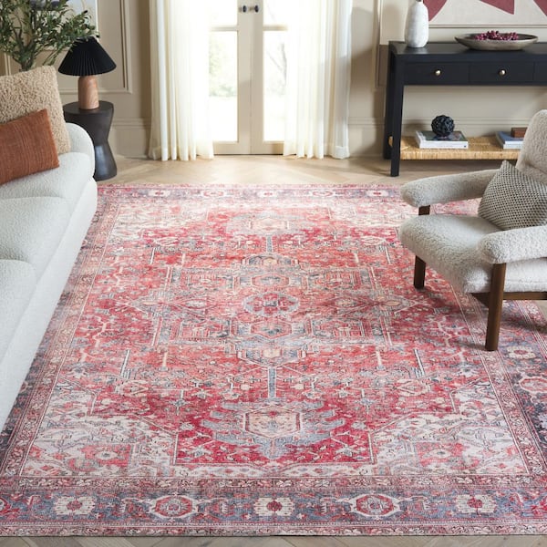 Vintage Serapi Red Orange/Gray 9 ft. x 12 ft. Machine Washable Distressed Ornate Medallion Area Rug