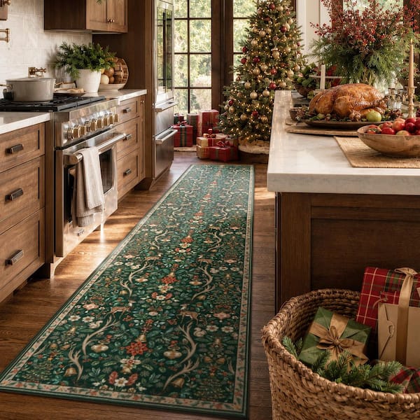 Vintage Christmas Woodland Floral Pattern Non Slip Green 2 ft. x 10 ft. Living Room/Bedroom Indoor Runner Rug