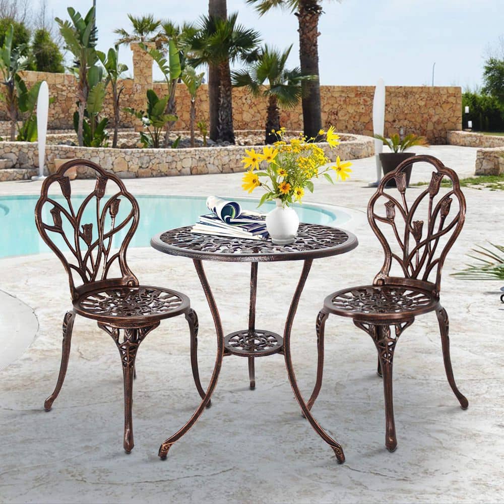 DESwan Sheree Bronze 3-Piece Cast Aluminum Round Outdoor Bistro Set With Patio Table and Bistro Chairs - 1
