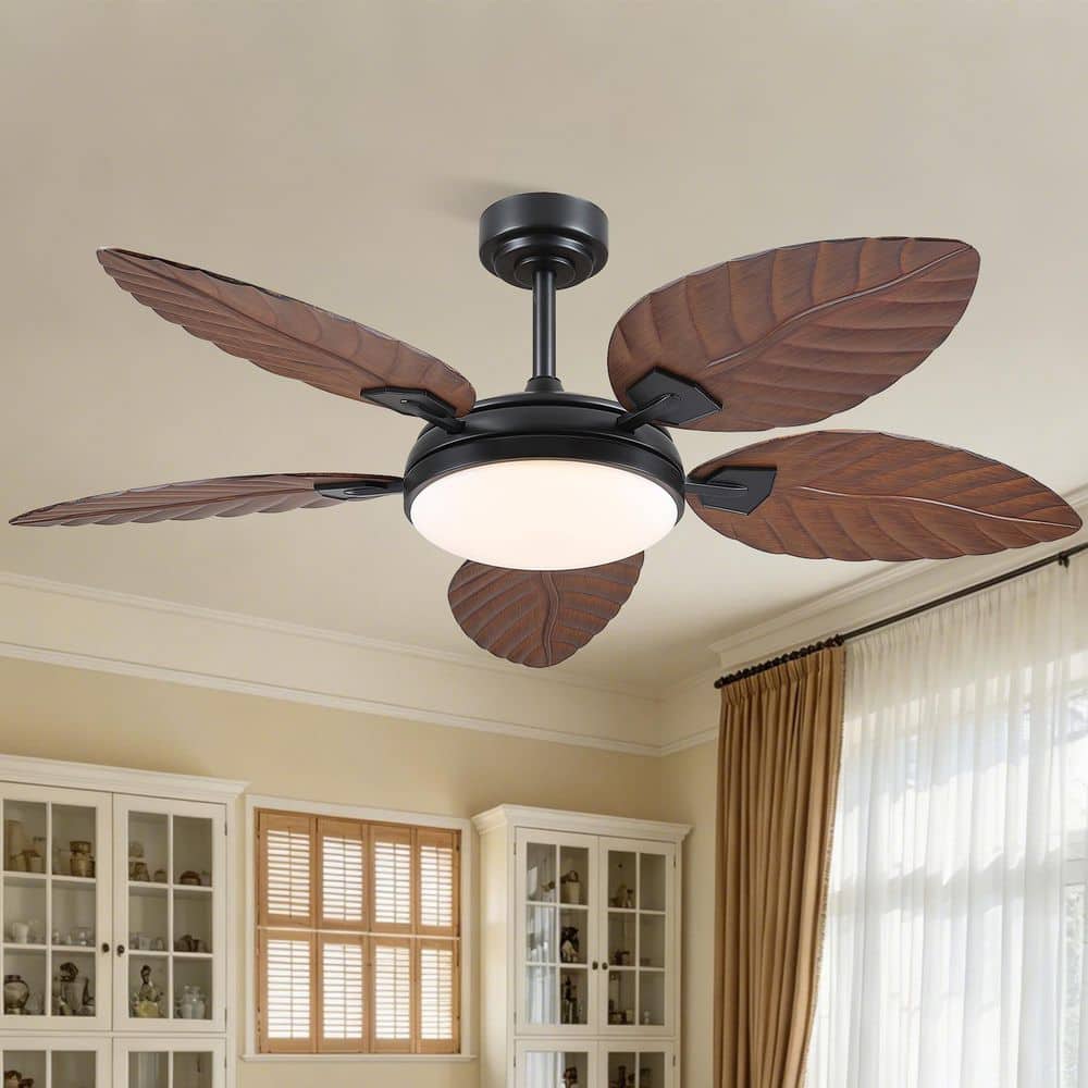 52 in. Indoor/Outdoor Brown Tropical Palm Leaf Blades Downrod Standard Ceiling Fan with LED Light and Remote price history on PriceWatchPro