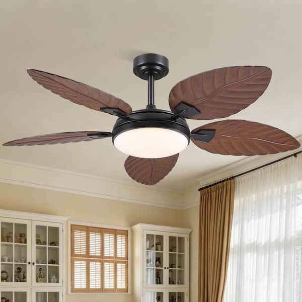 52 in. Indoor/Outdoor Brown Tropical Palm Leaf Blades Downrod Standard Ceiling Fan with LED Light and Remote