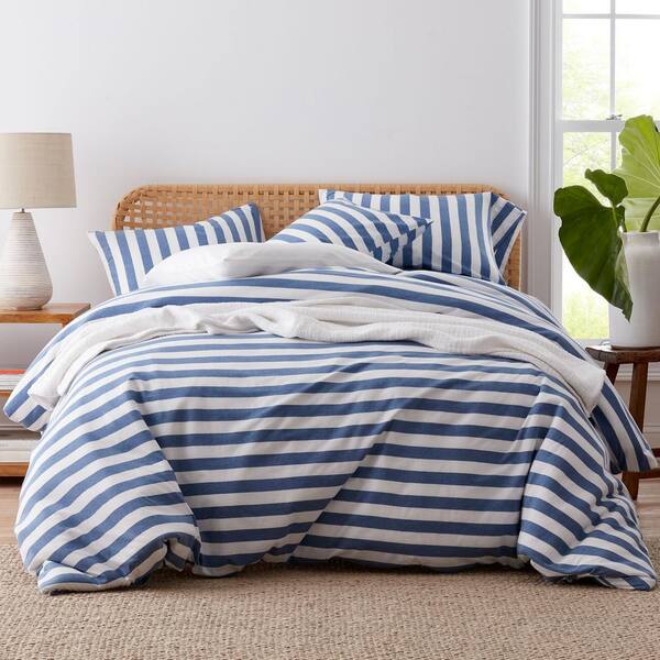 The Company Store Awning Stripe Space Dye Blue Jersey Knit Full Duvet Cover