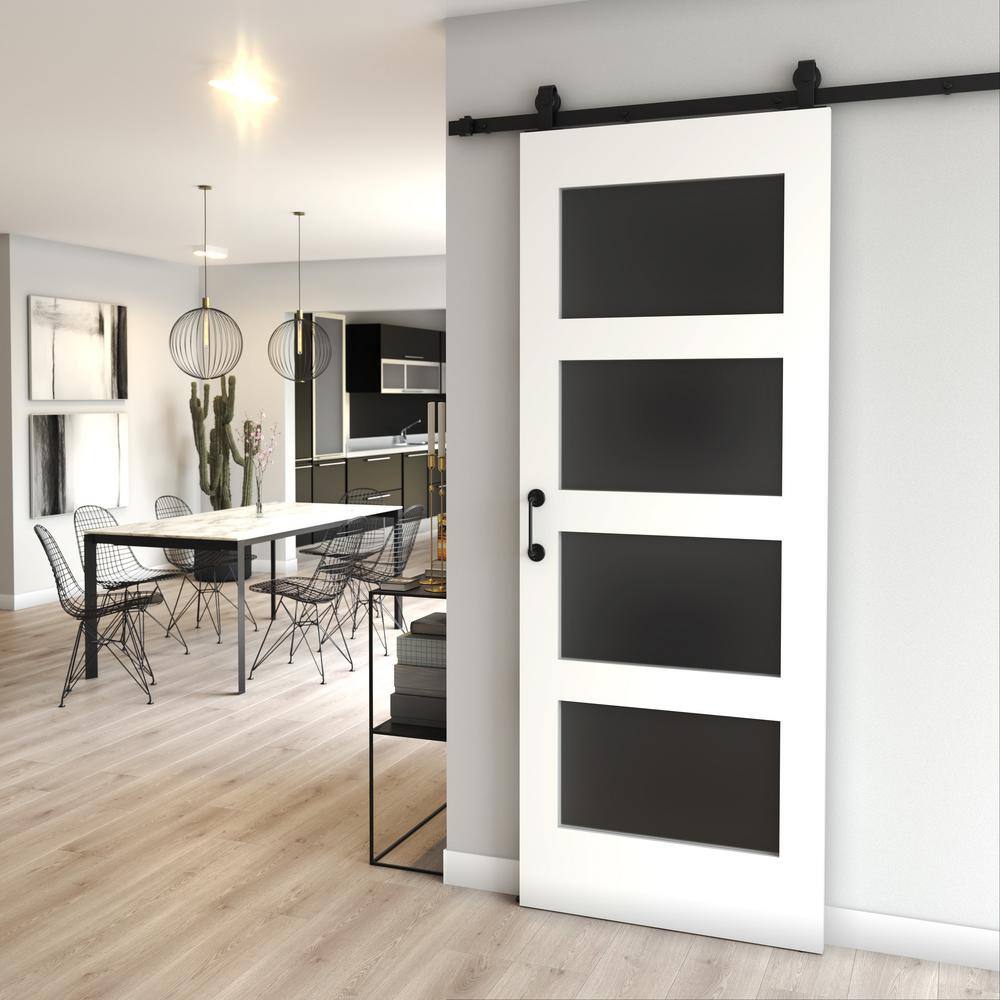 32'' x 84'' White Primed Frosted Glass 4-Panel Barn Door