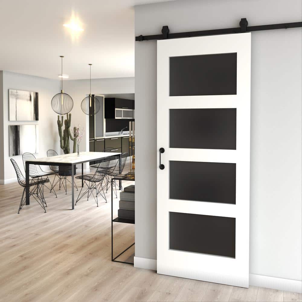 White Primed Pine Wood Frosted Glass Barn Door Slab
