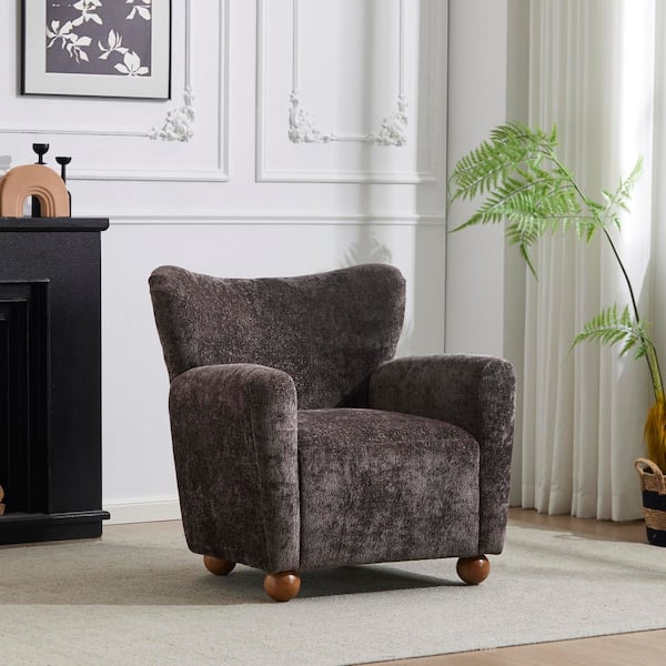 Georgia Modern Dark Brown Fabric Upholstered Accent Chair Wingback Arm Chair with Solid Wood Legs