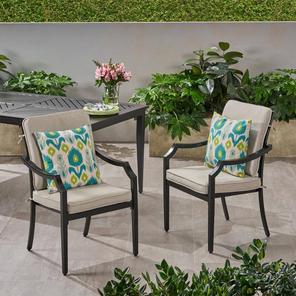 Black Aluminum Outdoor Dining Chair with Beige Cushions Set of 2