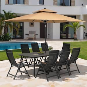11-Piece Dark Gray Aluminum Outdoor Dining Set with Foldable Recliner Chairs, Tan Market Patio Umbrella and Wheeled Base