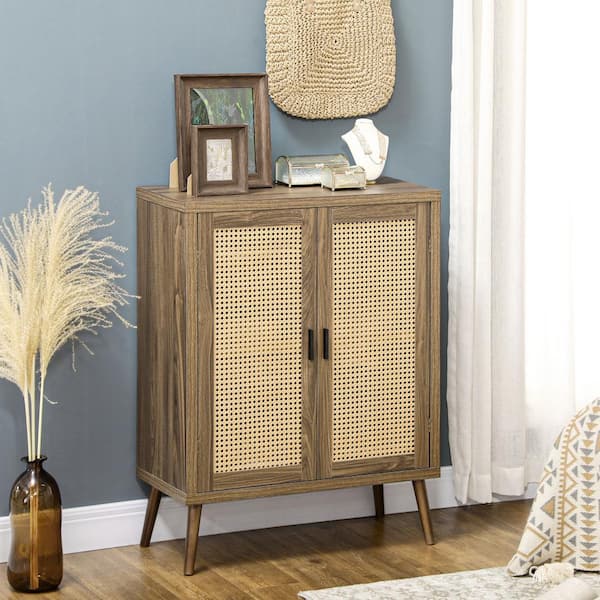 Tileon Kitchen Pantry, Sideboard Buffet Cabinet with Rattan Doors in Brown