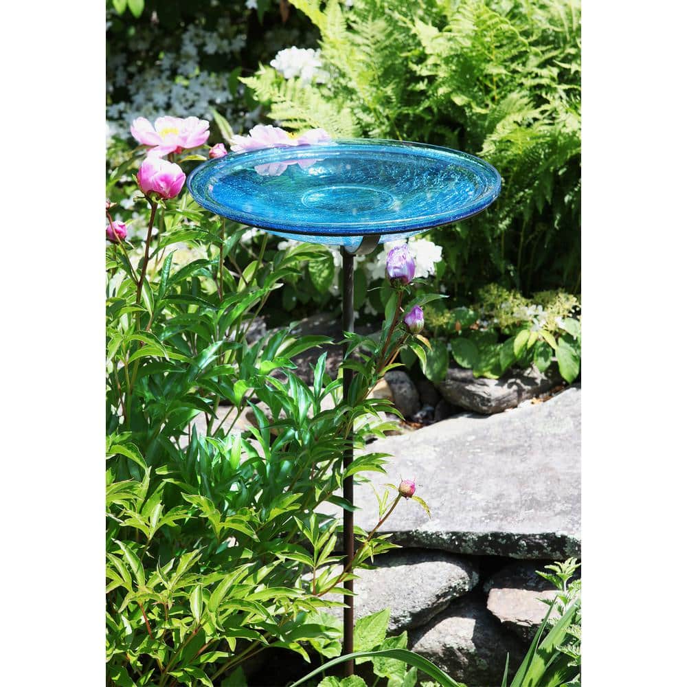 Teal Crackle Glass Birdbath with Roman Bronze Stand