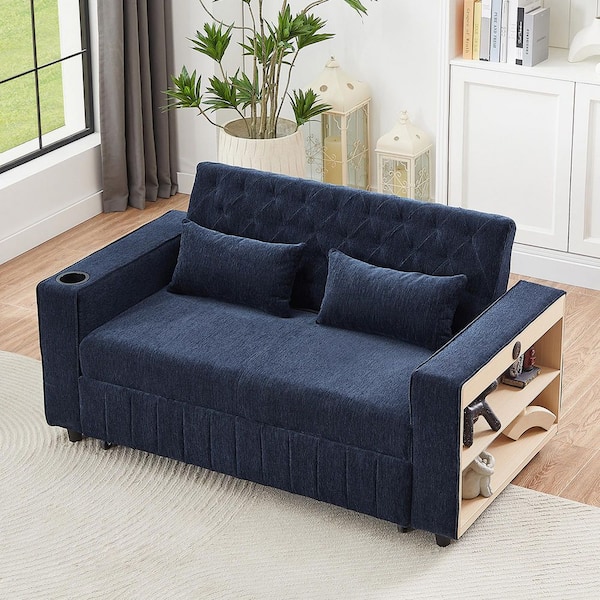 aisword Blue 61.4 in. Pull-out Sofa Bed Convertible Couch Loveseat Sofa Modern Sleeper Sofa with Adjustable Backrest