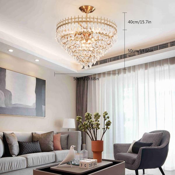 OUKANING 19.68 in. 6-Light Gold Modern Luxury Crystal Semi-Flush