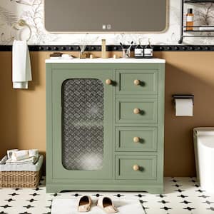 30 in. Freestanding Sage Green Bath Vanity with White Ceramic Top & Soft Close Glass Door Unassembled