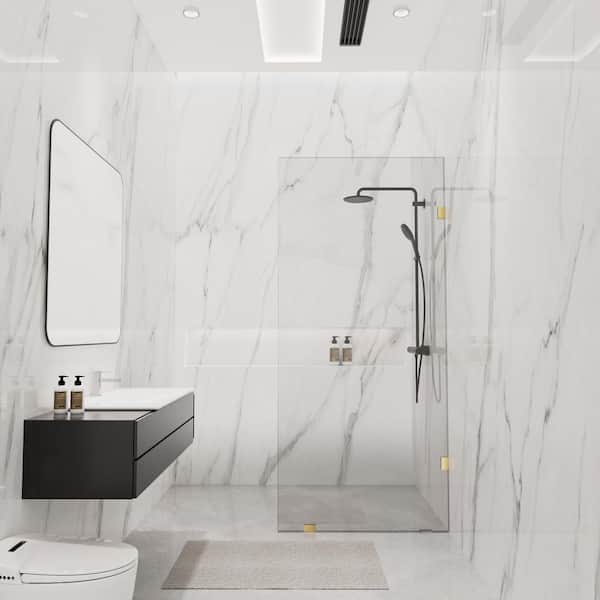 34 in. W x 78 in. H Frameless Fixed Single Panel Shower Screen Door in Brushed Brass with 3/8 in. (10mm) Clear Glass