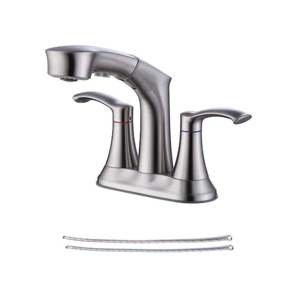 RAINLEX 4 in. Centerset Double Middle Arc Bathroom Faucet with Pull Out Sprayer, Supply Line included in Brushed Nickel