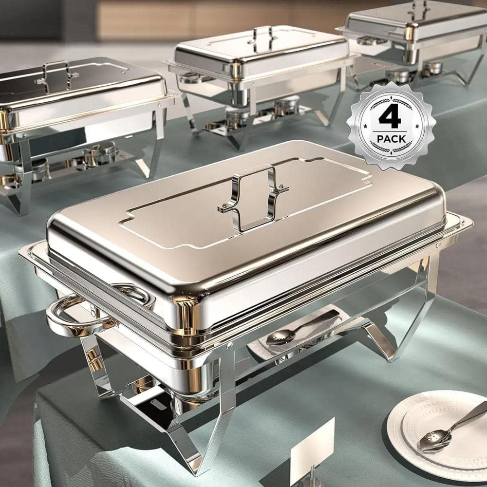 9 qt. Silver Stainless Steel Chafing Dish Buffet Set with Roll Edge Design for Parties, Birthday, Holiday Parties
