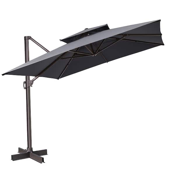 HomeRoots 10 ft. Black Polyester Round Tilt Cantilever Patio Umbrella with Stand