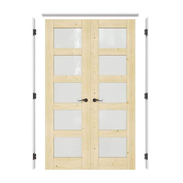48 in. x 80 in. Universal 5-Lite Frosted Glass Solid Core Unfinished Pine Wood Double French Door with Jamb