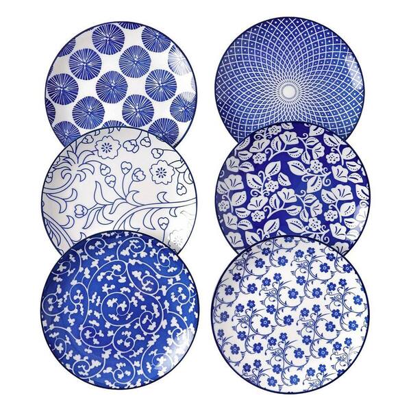 6 Pack Vintage Blue Ceramic Dessert Plates Round Porcelain Appetizer Plates Microwave Dishwasher Safe with Pattern