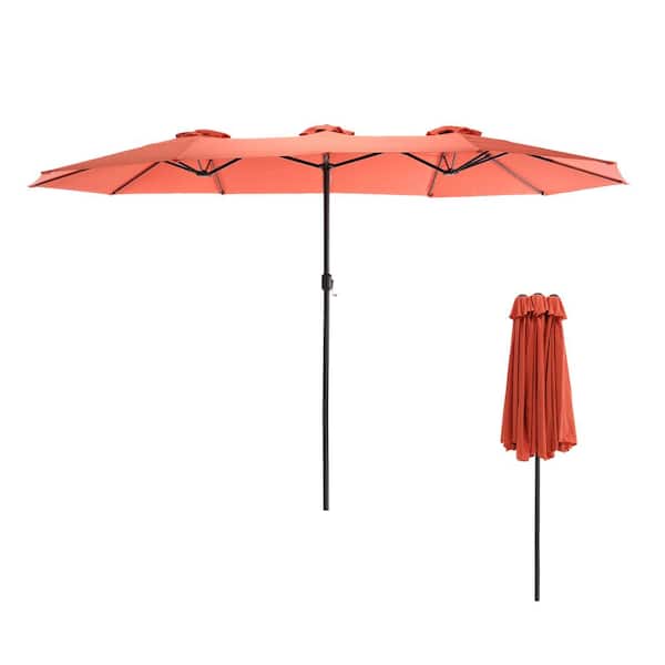 Tenleaf 14.8 ft. Steel Outdoor Market Manual Tilt Patio Umbrella in Orange with Crank Opening/Closing System