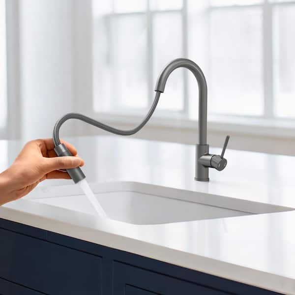 YAWWALK Brushed Nickel 15.9 in. H Pull Down Sprayer Kitchen Faucet