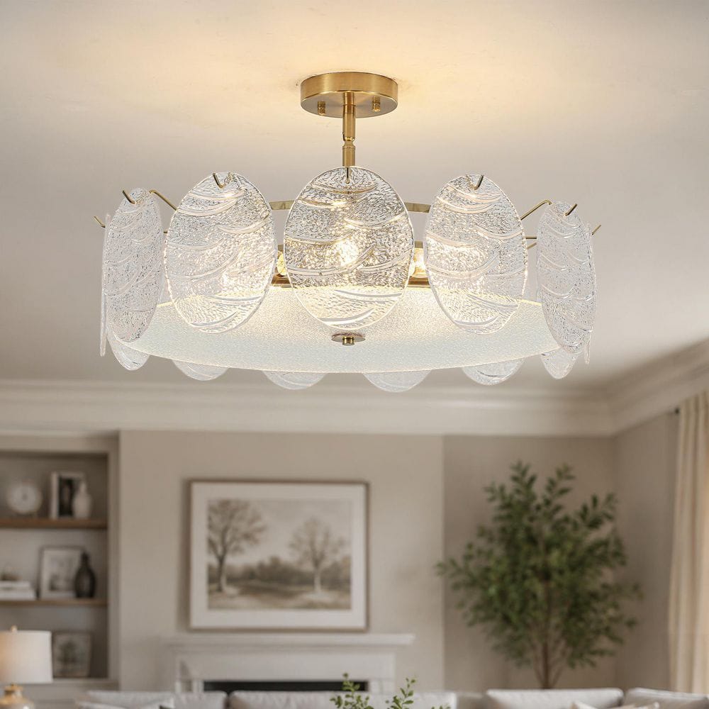 24 in. 8-Light Modern Drum Polished Brass Semi-Flush Mount Ceiling Light with Textured Glass Shade for Living Room price history on PriceWatchPro