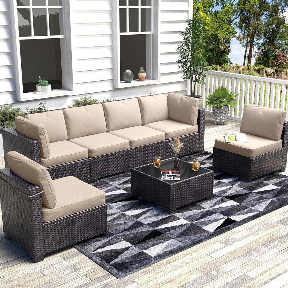 7-Piece Brown and Beige PE Wicker Patio Conversation Set, Tempered Glass Table, Waterproof Cushions and Rustproof Frame price history on PriceWatchPro