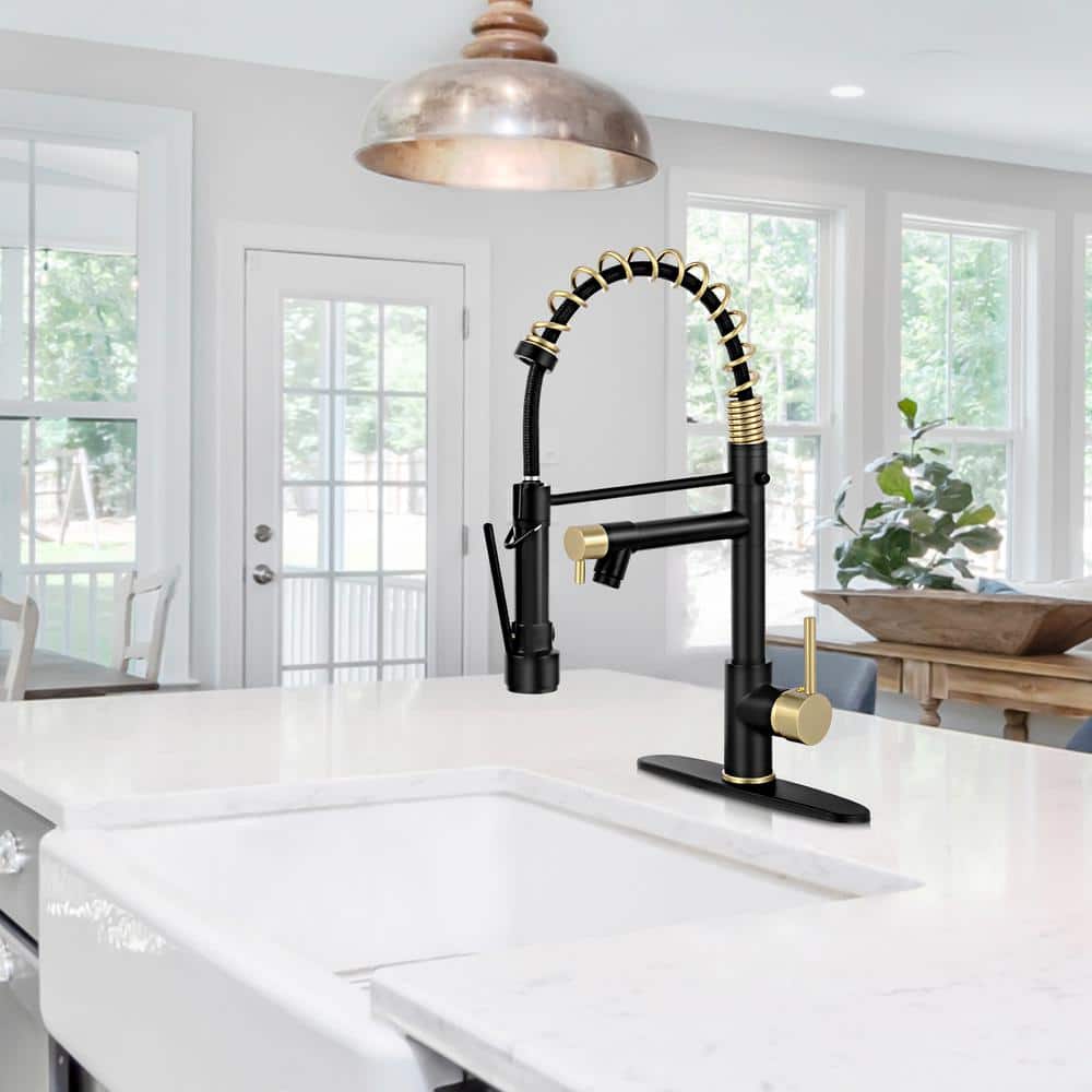 Matte Black and Gold Stainless Steel Pull Down Kitchen Faucet