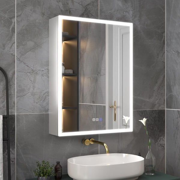 24 in. W x 32 in. H Rectangular Silver Aluminum Recessed or Surface Mount Right Medicine Cabinet with Mirror LED