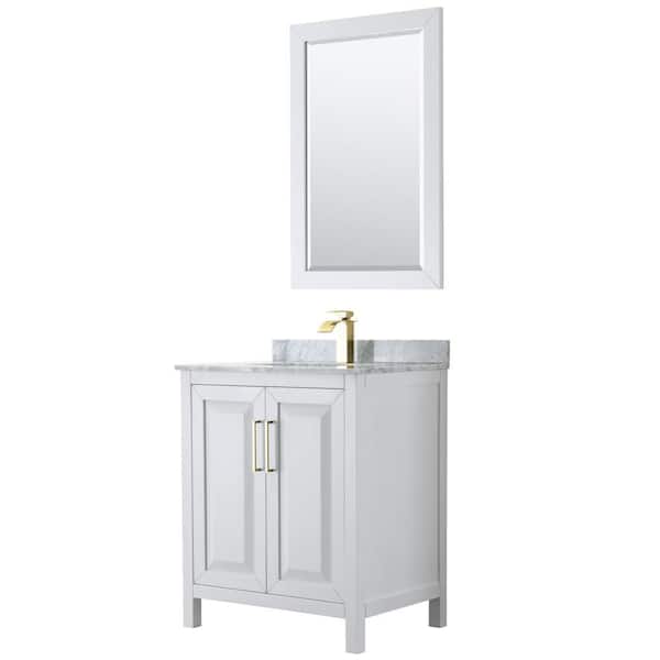 Wyndham Collection Daria 30 in. W x 22 in. D x 35.75 in. H Single Sink Bath Vanity in White with White Carrara Marble Top and 24 in. Mirror